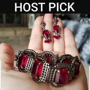AUTHENTIC Swarovski Gunmetal Garnet Red Chunky Bracelet & Earrings Set Vintage